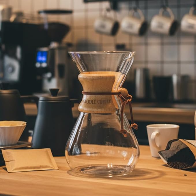Oodle Coffee Pour Over Coffee Maker, Wood and Glass, 600ml with Stainless Steel Filter, 5 x 9 inches
