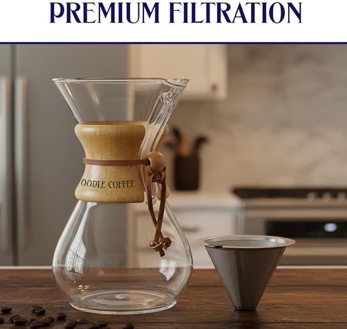 Oodle Coffee Pour Over Coffee Maker, Wood and Glass, 600ml with Stainless Steel Filter, 5 x 9 inches