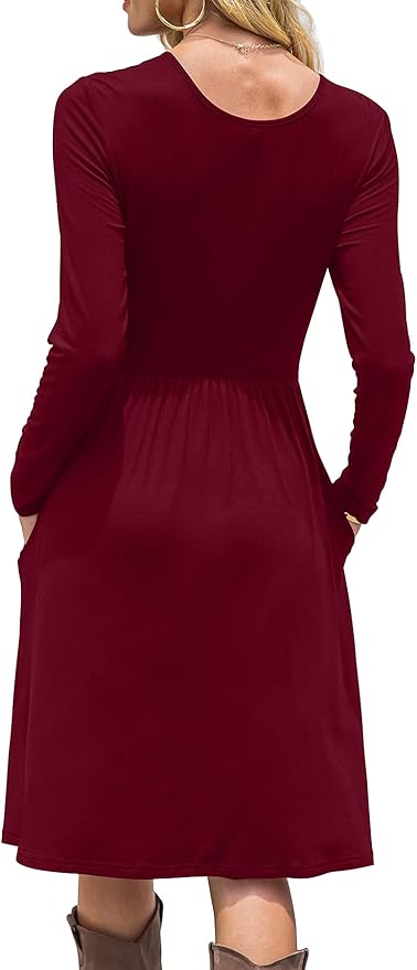 DB MOON Women Casual Long Sleeve Dresses Empire Waist Knee Length Loose Dress with Pockets (Wine Red, S)