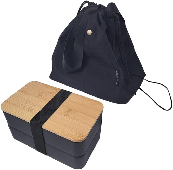 L-WASH Bento Box Adult Lunch Box Set with Bamboo Lid, Compartments, Divider, Insulated Bag, Utensils, Bento Lunch Box, Microwavable - Japanese Style Lunchbox