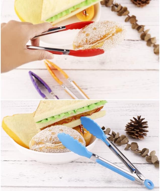 ZHIYE 4Pcs Silicone Tongs, Kitchen Tongs 7” Non-slip & Easy Grip Stainless Steel Handle - Smart Locking Clip - Heat Resistant, Food Grade