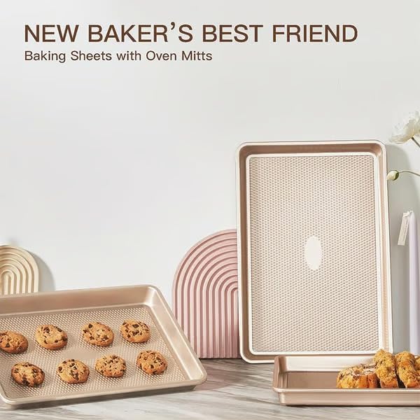 Sakerplus Nonstick Baking Sheet Pan Set of 3, Heavy Duty Cookie Sheets for Oven, 0.6mm Thick Quarter Size & Half Size & Jelly Roll Pan, Rustproof & Easy Clean with Textured Surface(Pink)