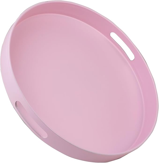 SforGUVA Round Pink Decorative Serving Tray with Handles, 13” Versatile Ottoman Tray for Coffee Table, Entertaining, Outdoor Patio, Living Room
