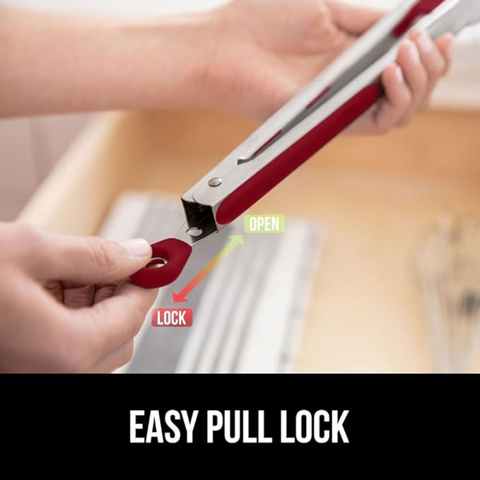 GORILLA GRIP Stainless Steel BPA-Free Kitchen Tongs for Cooking, 9+12 Inch, Heat Resistant BBQ Tong Set of 2, Non Scratch Silicone Tip for Pan, Strong Grip, Grab Food, Toss Salad, Pull Lock, Red
