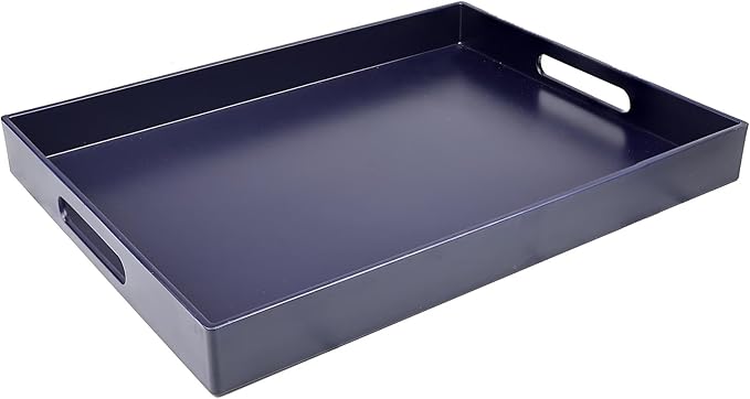 SforGUVA Navy Blue Serving Tray for Coffee Table, Rectangular Plastic Decorative Tray with Handles for Entertaining, Outdoor Patio, Living Room, Ottoman, Bathroom Counter, 11.8”*15.7”*1.6”