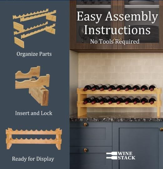 Wine Stack 18 Bottle Bamboo Stackable Small Wine Rack for Countertop, No Tools Assembly, Durable, Wine and Liquor Bottle Storage for Small Spaces