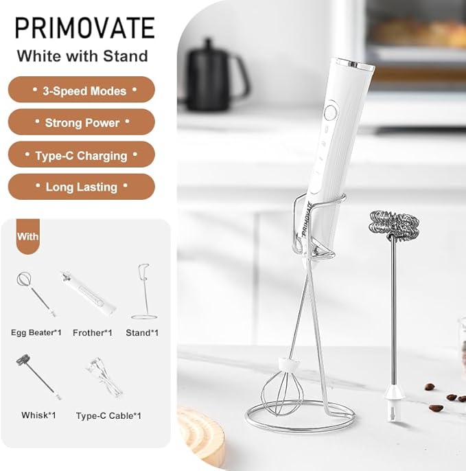 PRIMOVATE Rechargeable Milk Frother Handheld, Electric Coffee Frother with 2 Whisk, 3-Speed Powerful Drink Mixer, USB-C, Milk Foamer for Coffee, Latte, Cappuccino,Matcha & HotChocolate(White no Stand)