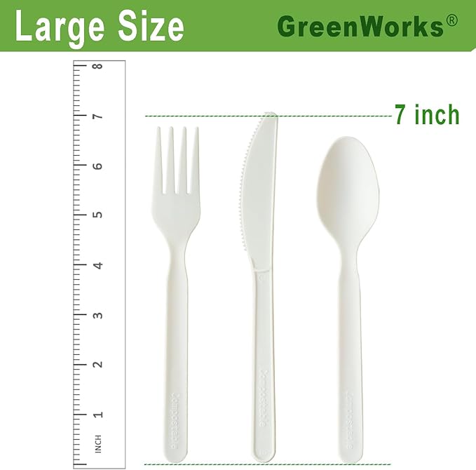 GreenWorks 200 Count Heavy-duty Compostable Forks, BPI Certified Large Disposable Cutlery Flatware Utensils Fork