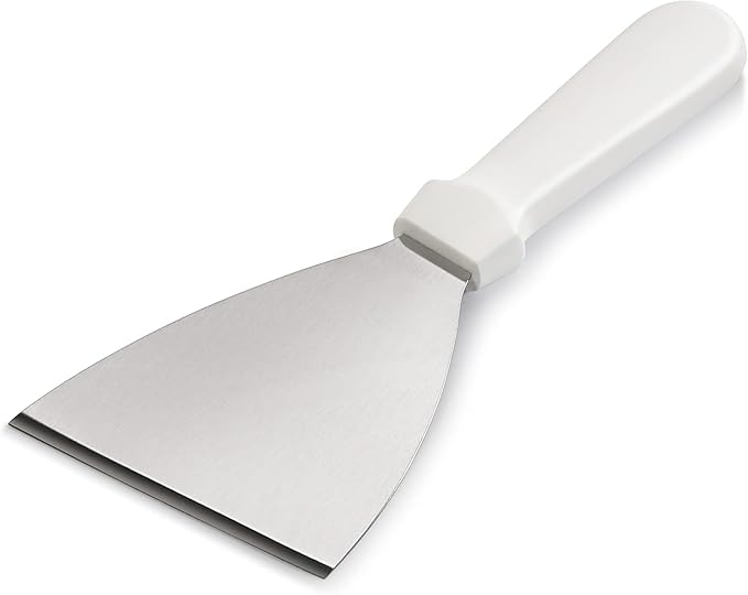 New Star Foodservice Stainless Steel Slant Edge Grill Scraper with White Plastic Handle, 4 x 8.5 Inch Restaurant Grade Griddle Scraper, Flat Top Scraper, Grill Cleaning Tool