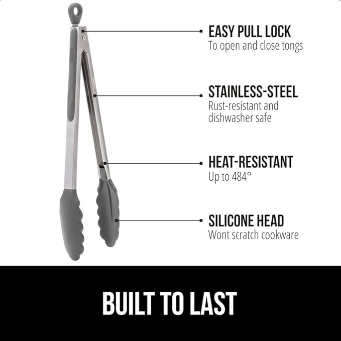 GORILLA GRIP Stainless Steel BPA-Free Kitchen Tongs for Cooking, 9+12 Inch, Heat Resistant BBQ Tong Set of 2, Non Scratch Silicone Tip for Pan, Strong Grip, Grab Food, Toss Salad, Pull Lock, Gray