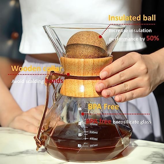 HYAXGM Pour Over Coffee Maker With Wood Sleeve，20oz/600mlPour Over Coffee Dripper,Pour Over Coffee Maker Set With Cork Stopper (20oz/600ml)