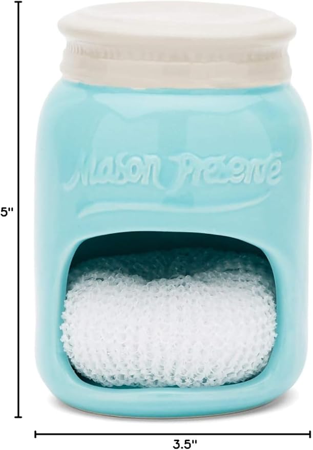 Fox Run Ceramic Mason Jar Holder with Sponge, 3.5 x 3.5 x 5 inches, Blue