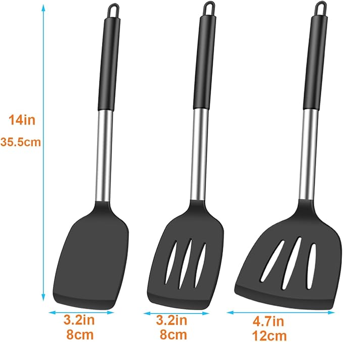 KLAQQED 3Pcs Silicone Spatula Set Heat Resistant Spatulas for Nonstick Cookware Fish Turner Plastic Spatulas Rubber Wok Spatula, Long Large Spatula Silicone Cooking Use Kitchen Utensils Set