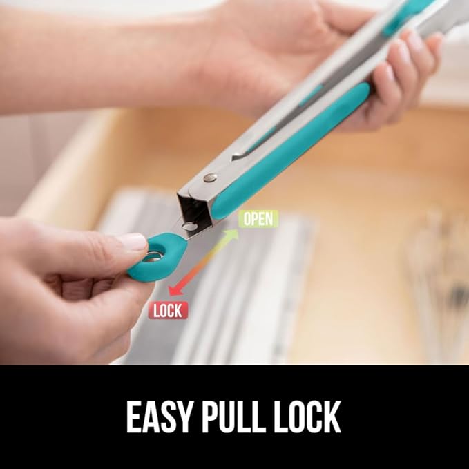GORILLA GRIP Stainless Steel BPA-Free Kitchen Tongs for Cooking, Heat Resistant BBQ Tong Set of 2, Non Scratch Silicone Tip for Pan, Strong Grip, Grab Food, Toss Salad, Pull Lock, 7+9 Inch, Turquoise