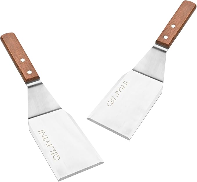QILIYINI 2 Pcs Stainless Steel Spatula Turner for Cast Iron Skillet, Grill Spatula with Wooden Handle, Heavy Duty Pancake Turner Metal