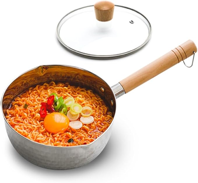 SISEM 1.5 Quart Stainless Steel Pot With Glass Lid. Traditional Japanese Saucepan Wth Wood Handle, Multipurpose Sauce Pan With Two Side Pour Spouts & Measurement Line, Great for Ramen, Milk etc.
