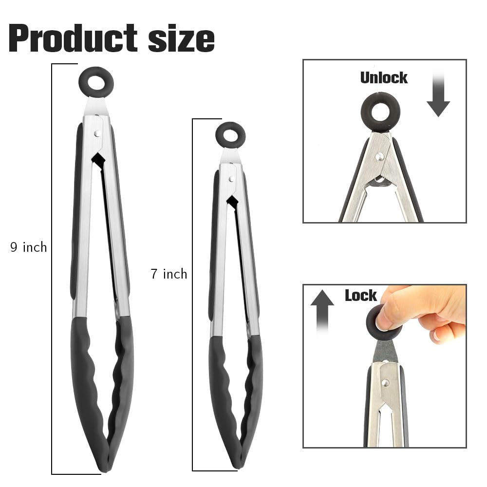 Kitchen Tongs 2 Pcs Tongs for Cooking Black Silicone Tongs 7 Inch 9 Inch Stainless Steel Locking Food Tongs with Silicone Tips Heat Resistant Serving Tong for BBQ Food Grilling Salad Kitchen Utensils