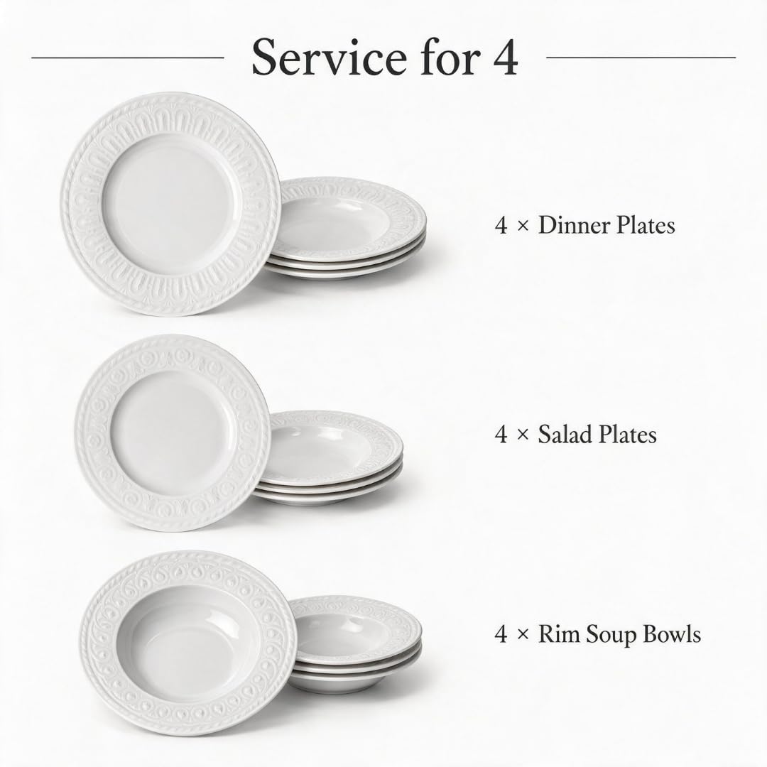 Villeroy & Boch Cellini 12 Piece Dinnerware Set, White, Service for 4