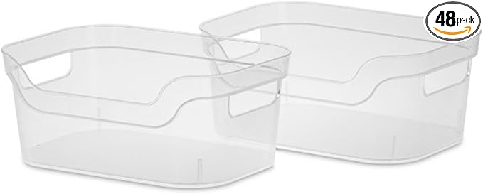 Sterilite 9.5 x 6.5 x 4 Inch Small Open Scoop Front Clear Storage Bin with Comfortable Carry Through Handles for Household Organization (48 Pack)