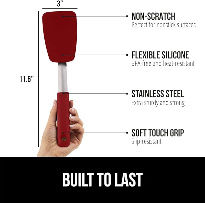 GORILLA GRIP BPA-Free Silicone Spatula for Non Stick Frying Pan, 2 PK, Heat Resistant Flexible Head, Patented Soft Comfortable Handle, Non-Scratch Kitchen Turner, Flip Burgers, Pancakes, 11.6 in, Red