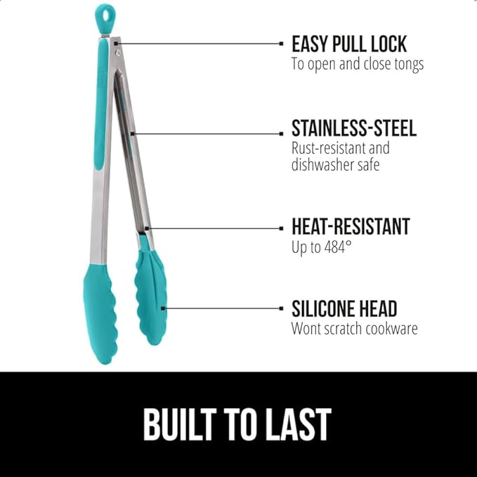 GORILLA GRIP Stainless Steel BPA-Free Kitchen Tongs for Cooking, Heat Resistant BBQ Tong Set of 2, Non Scratch Silicone Tip for Pan, Strong Grip, Grab Food, Toss Salad, Pull Lock, 7+9 Inch, Turquoise