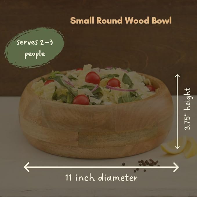 Small Wood Salad Bowl for Serving Fruits and Salads, Mango Wood, Natural Finish, 11 Inch