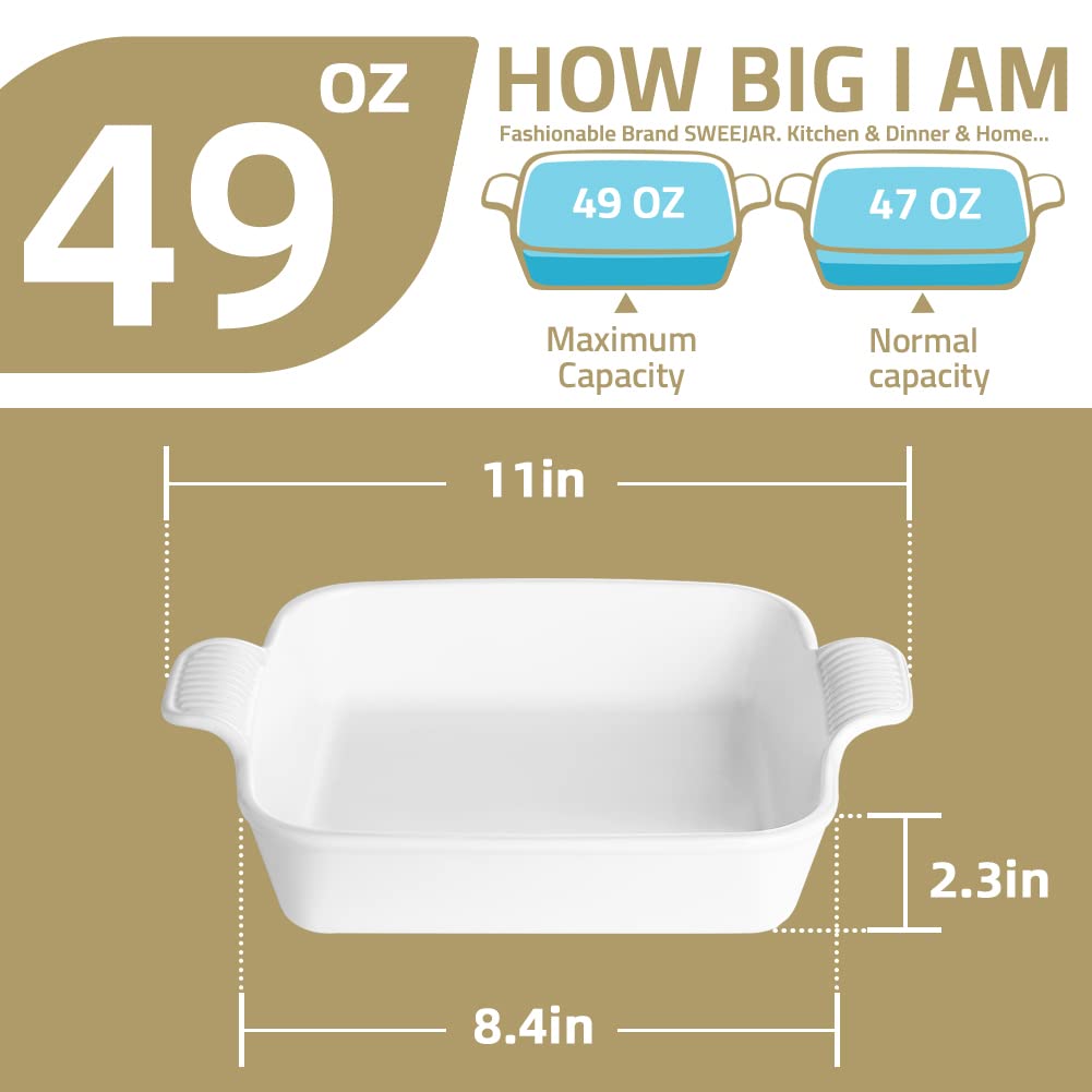 Sweejar Ceramic Baking Dish, 8 x 8 Cake Baking Pan for Brownie, Porcelain Square Bakeware with Double Handle for Casserole, Lasagna, Family Dinner (White)
