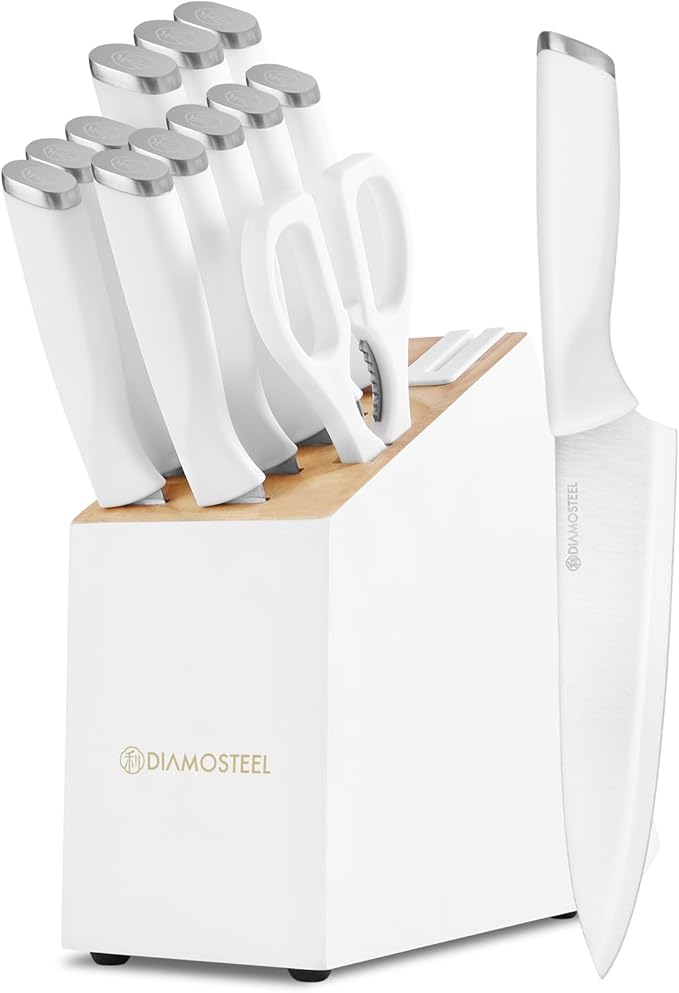 White Knife Set, 13 Pieces Knife Block Set with Built-in Sharpener