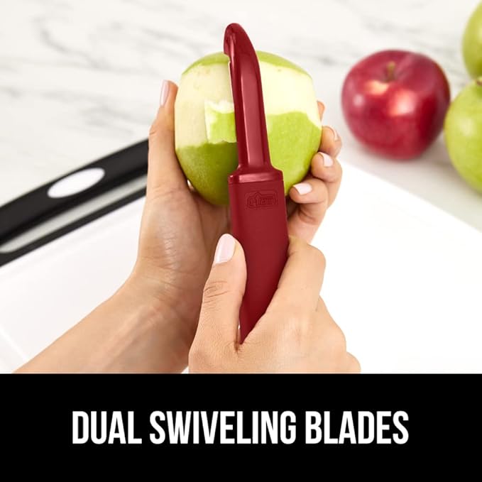 GORILLA GRIP® Patented BPA-Free Vegetable Peeler, Extra Sharp Swivel Stainless Steel Blades with Guard, Comfortable Soft Handle, Easily Peel Carrots or Fruit, Potato Eye Remover, Dishwasher Safe, Red