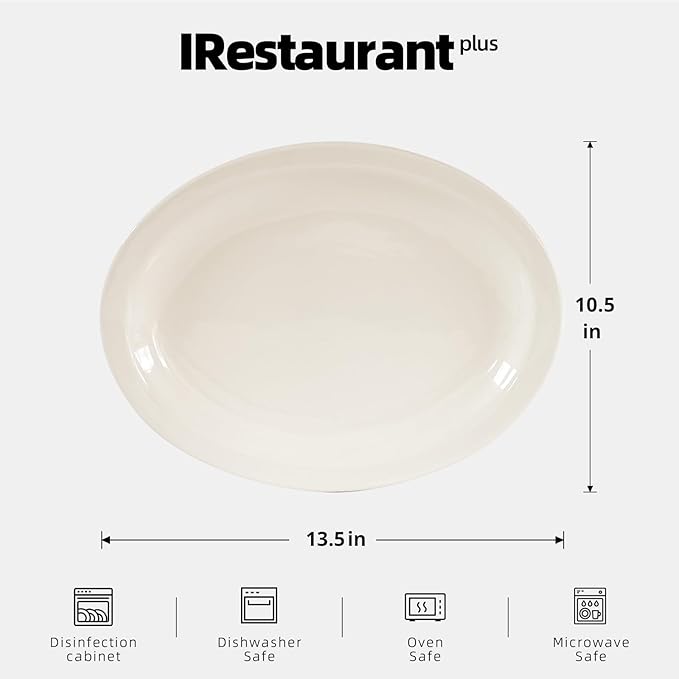 IRESTAURANT PLUS Stoneware Narrow Rim Commercial Grade Dinnerware (America White, Platter 13.5" x 10.5")