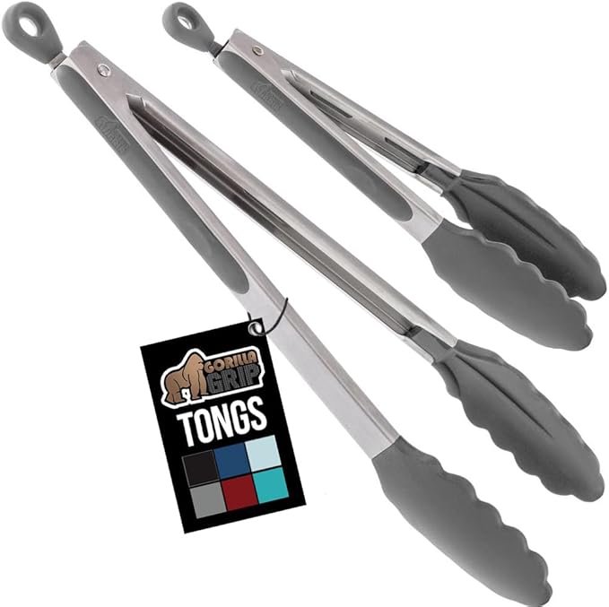 GORILLA GRIP Stainless Steel BPA-Free Kitchen Tongs for Cooking, 9+12 Inch, Heat Resistant BBQ Tong Set of 2, Non Scratch Silicone Tip for Pan, Strong Grip, Grab Food, Toss Salad, Pull Lock, Gray