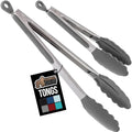 GORILLA GRIP Stainless Steel BPA-Free Kitchen Tongs for Cooking, 9+12 Inch, Heat Resistant BBQ Tong Set of 2, Non Scratch Silicone Tip for Pan, Strong Grip, Grab Food, Toss Salad, Pull Lock, Gray