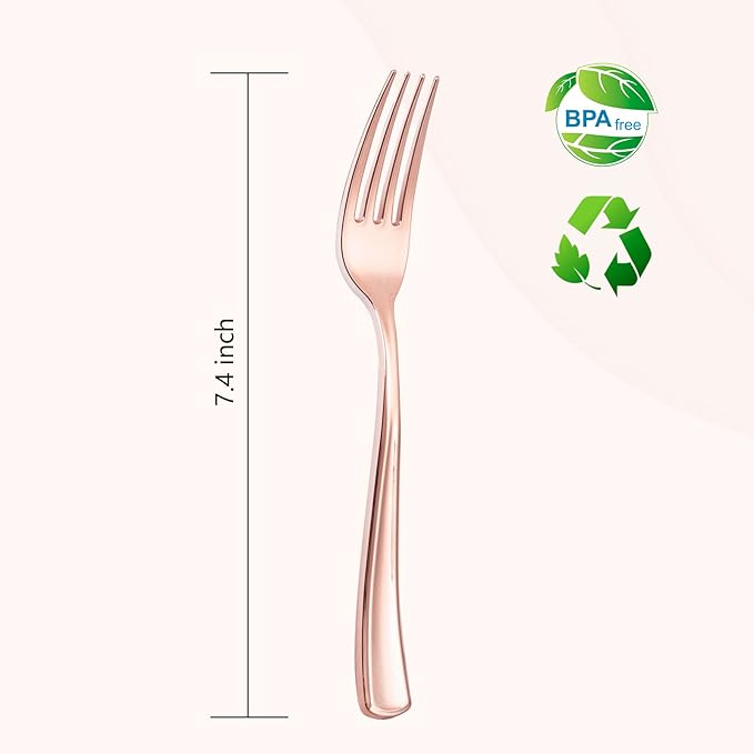 Liacere 200 Pack Rose Gold Forks Disposable - 7.4 inch Heavy Duty Plastic Forks - Heavyweight Plastic Fork - Rose Gold Silverware for Catering, Parties, Dinners, Wedding＆Mother's Day＆Valentine's Day