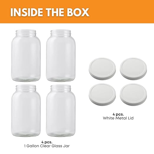 4-Pack 1 Gallon Glass Jar with Lid | Wide Mouth Set with White Metal Caps