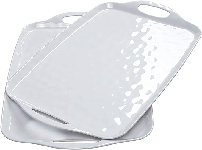 TP Serving Trays with Handles, 17 x 12 Inch Melamine Serving Platters for Food, Meat, Set of 2 Rectangular Trays for Eating, Pure White