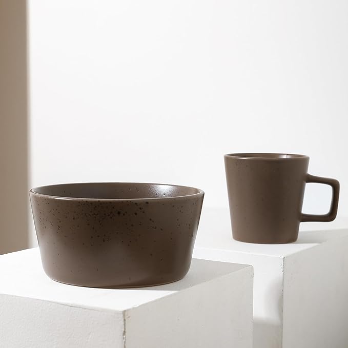 Stone Lain Celina Stoneware 16-Piece Modern Dinnerware Set, Plates and Bowls, Matte Brown, Service For 4, Microwave & Dishwasher Safe