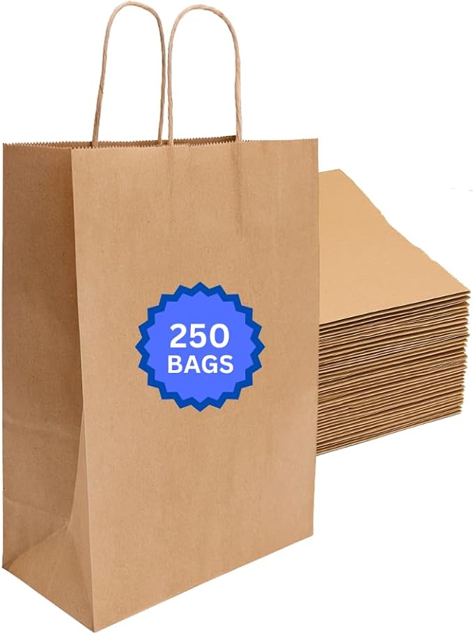 ASSUREPAK Kraft Flat Handle Paper Bags, 12" x 7" x 17", 110 GSM, 250 Count