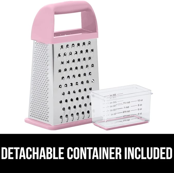 GORILLA GRIP® XL 4-Sided Stainless Steel Cheese Grater With Measurement Container, BPA-Free Box Grater, Slip Resistant Base, Grate Hard Parmesan, Shred Veggies, Zest Citrus, Dishwasher Safe, Pink