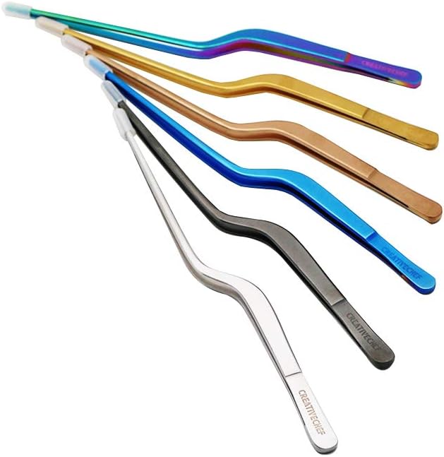 CREATIVECHEF 8 Inch Curved Stainless Steel Precision Kitchen Cooking Multi-function Tweezers Culinary Offset Tweezer Tongs (Curved, copper)