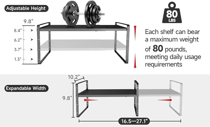 taiheis 16.5~27.1" Expandable Shelf，1Pack 10.2" Wide Adjustable Height Cabinet Shelves，Black