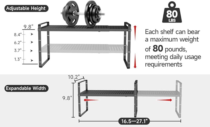 taiheis 16.5~27.1" Expandable Shelf with Hole，1Pack 8.1" Wide Stackable Cabinet Shelves，Black