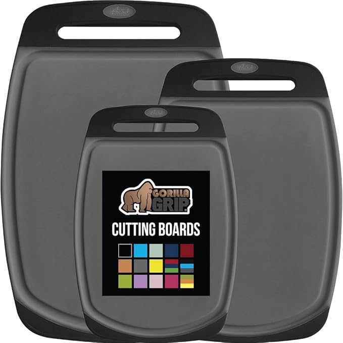 GORILLA GRIP BPA-Free Reversible Kitchen Cutting Board Set of 3, US Designed, Nonporous, Juice Grooves Catch Liquid, Slip Resistant Border, Dishwasher Safe, Durable Food Chopping Boards, Gray Black