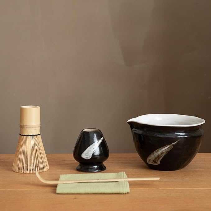 WUSEI Matcha Set with Handmade Ceramic Bowl & Bamboo Whisk, Ink Black,6-Pc