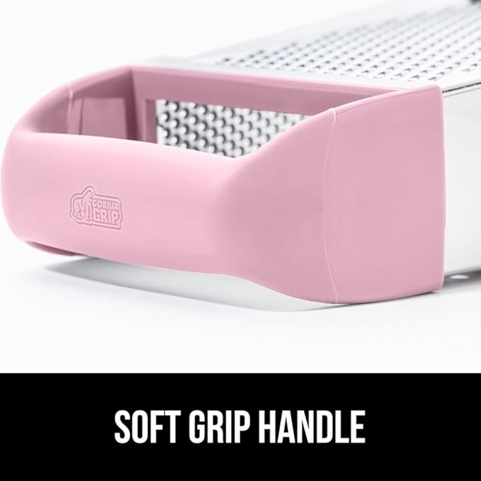 GORILLA GRIP® XL 4-Sided Stainless Steel Cheese Grater With Measurement Container, BPA-Free Box Grater, Slip Resistant Base, Grate Hard Parmesan, Shred Veggies, Zest Citrus, Dishwasher Safe, Pink