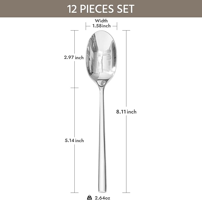 KINGSTONE 12 Piece Dinner Spoons Set, Stainless Steel Spoons