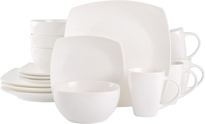 Gibson Soho Lounge Square Porcelain Chip and Scratch Resistant Dinnerware Set, Service for 4 (16pc), White
