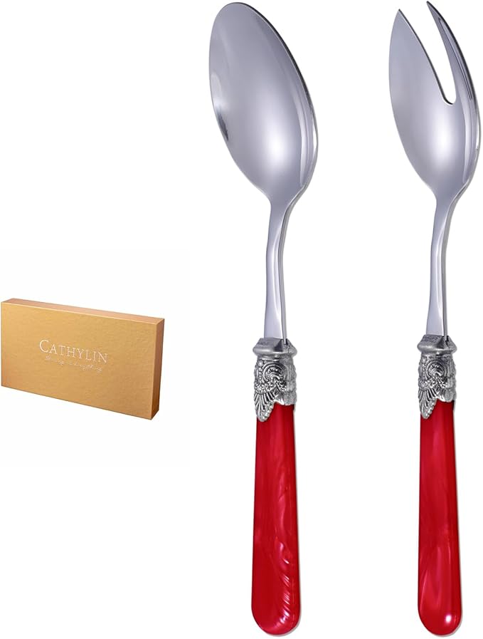CATHYLIN 2-piece Salad Servers Stainless Steel Salad Serving Set Salad Fork and Spoon (Red)