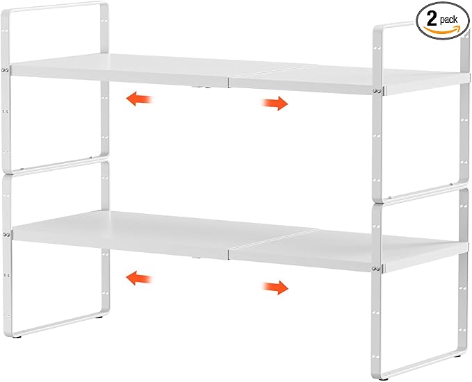 jkxoo 2Pcs Expandable Cabinet Shelf Organizers, 16.5"~27''L, White