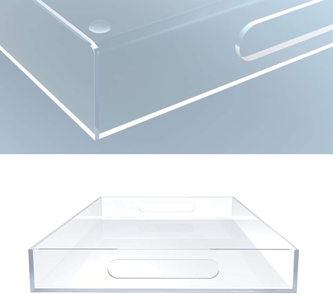 Clear Large Acrylic Serving Tray 20x12, Waterproof Modern Coffee Table Tray with Handles, Decorative Rectangle Acrylic Organizers for Living Room, Bar Cart, Bathroom Decor & Vanity Desk Decor