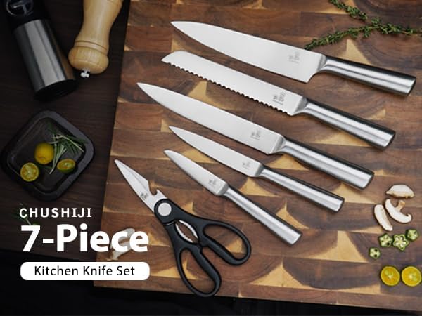 CHUSHIJI 6-Piece Small Stainless Steel Knife Set with Block, High Carbon Steel, Dishwasher Safe Gift